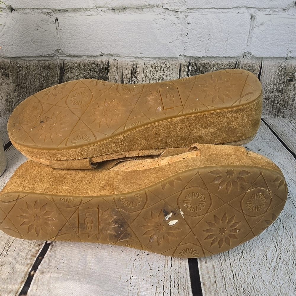 UGG LILAH WEDGE SLIDE SANDAL IN CHESTNUT BROWN SUEDE HEEL WOMENS 9.5 - Picture 4 of 10